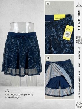 All in Motion Girls XL (14) Floral Mesh Mid-Rise Skort Dark Blue Athletic NWT